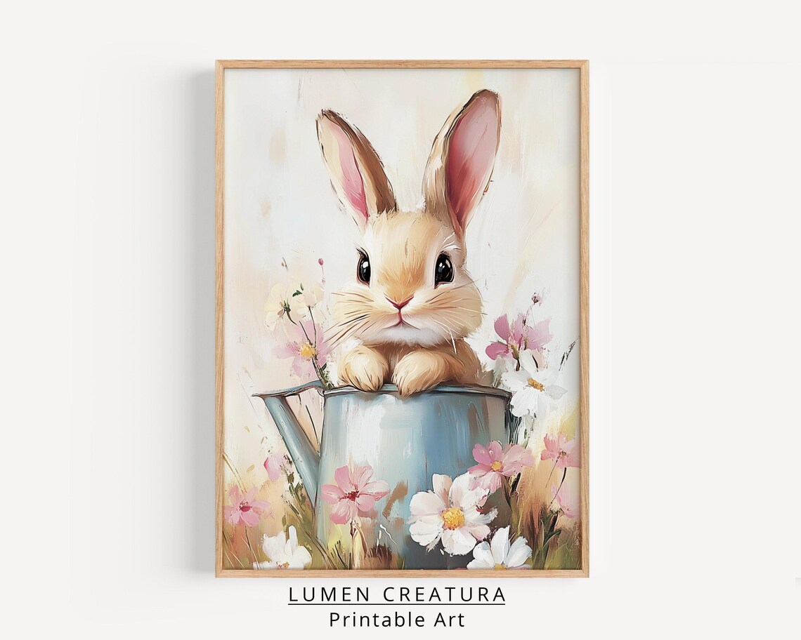 Easter Bunny Art Print, Cute Neutral Spring Farmhouse