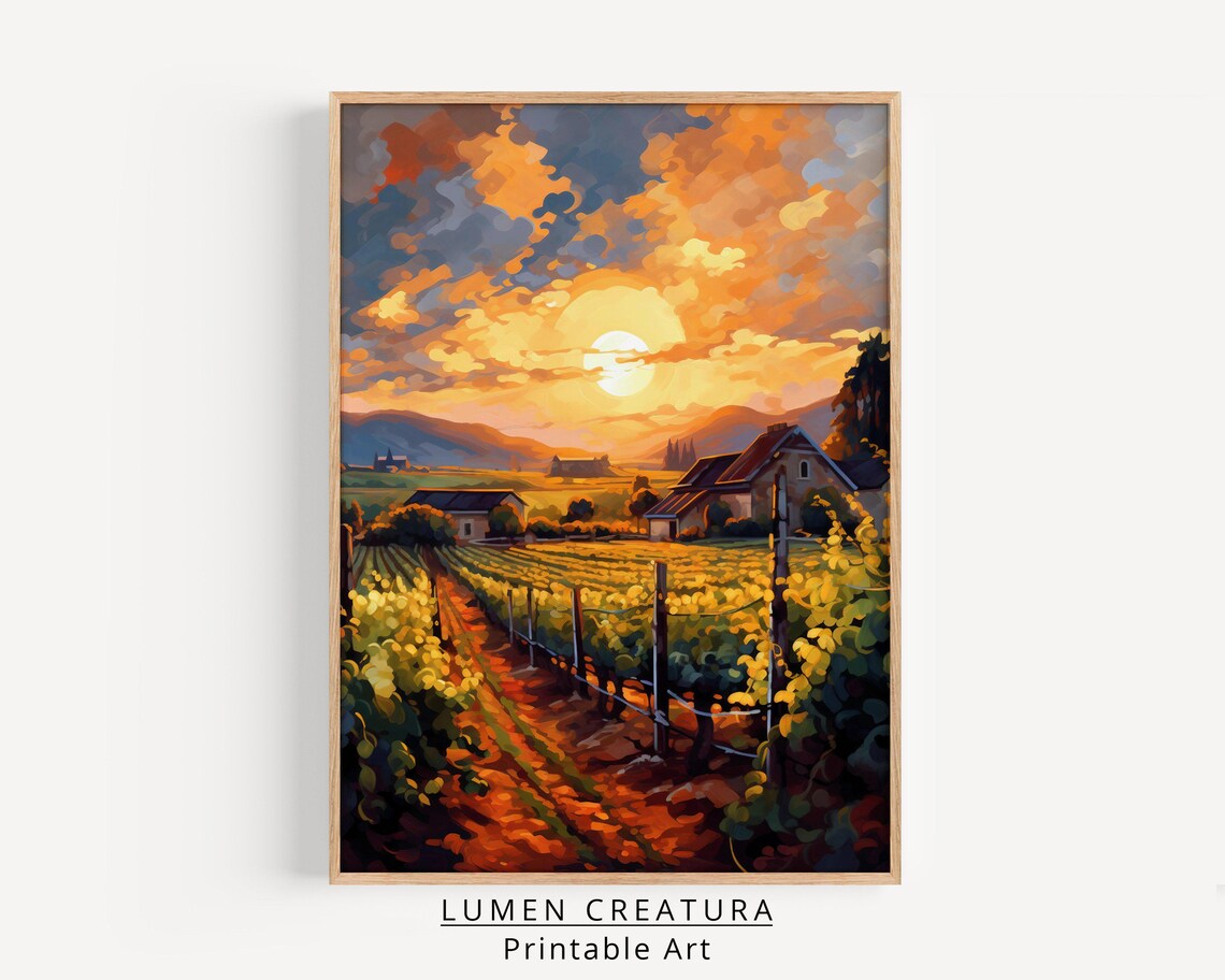 Spring Vineyard Painting, Vintage Sunset Art Print