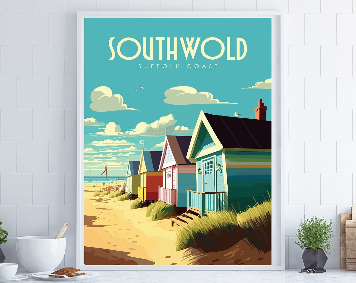 Southwold Suffolk Coast Colorful Beach Huts Retro Travel Poster