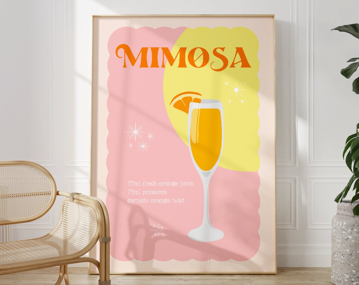 Cocktail Mimosa Retro Drinks Art Print, Bar Cart