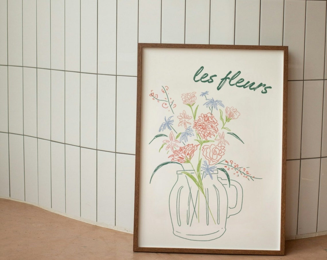 Les Fleurs French Floral Line Art Bouquet In Jar Neutral Kitchen Print