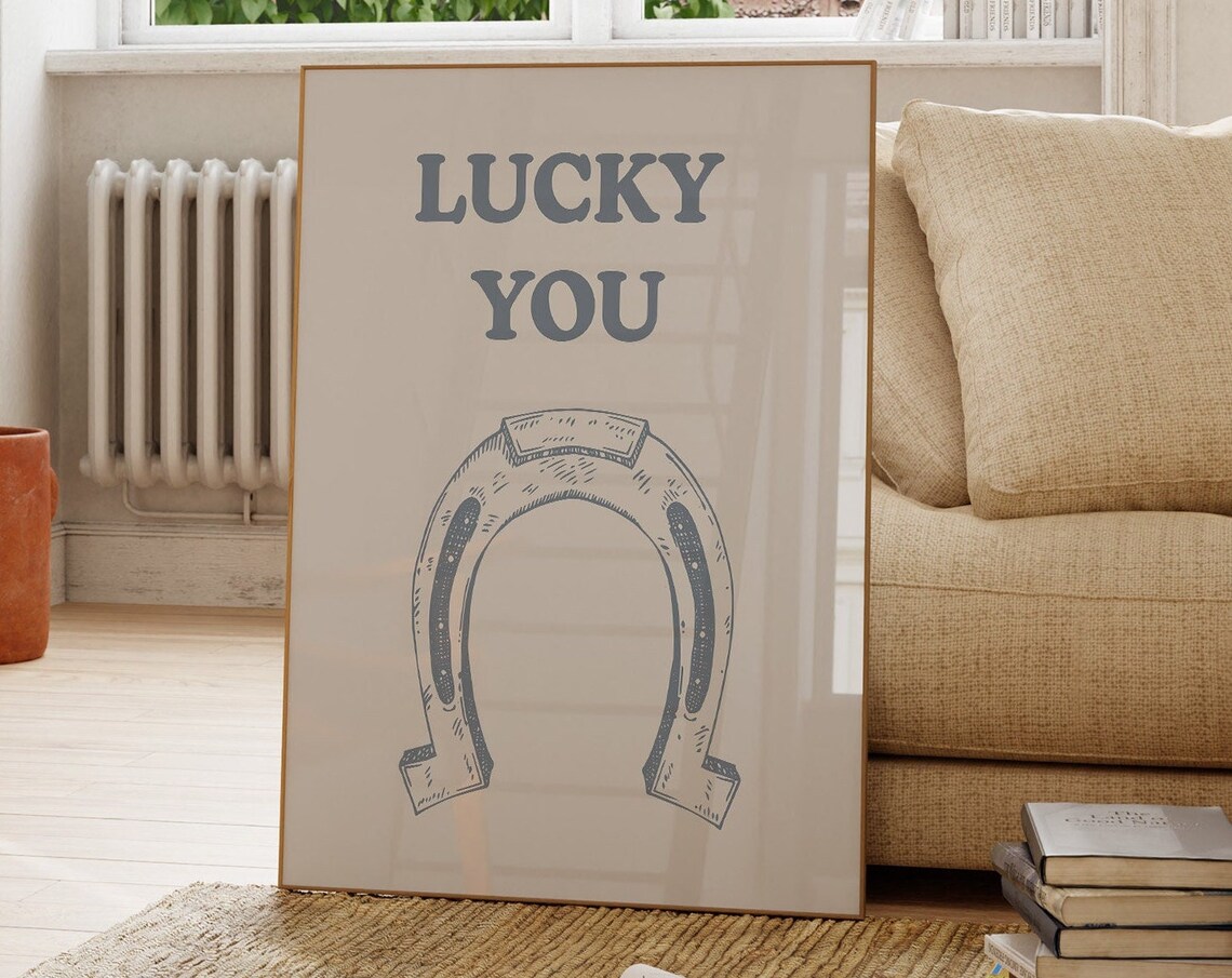 Lucky You Horseshoe Quote Blue Minimalist Western Decor Poster