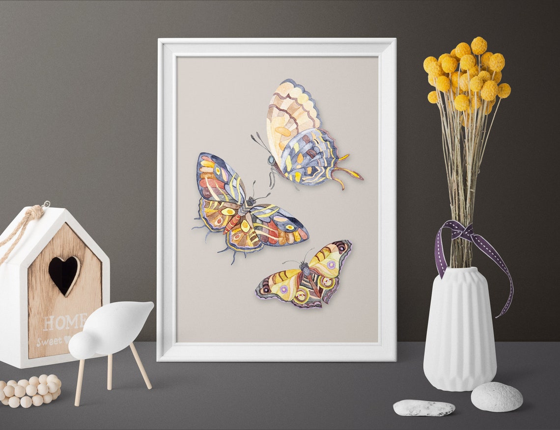 Trio Of Colorful Watercolor Butterflies Dancing On Beige Art Poster - Image 4