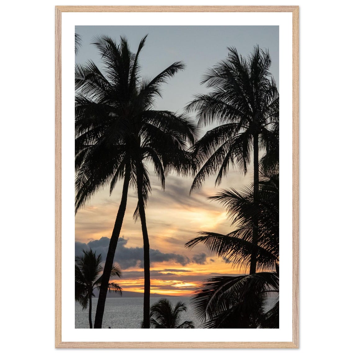 Maui Palm Silhouette Sunset Beach Ocean Golden Hour Framed Art Print