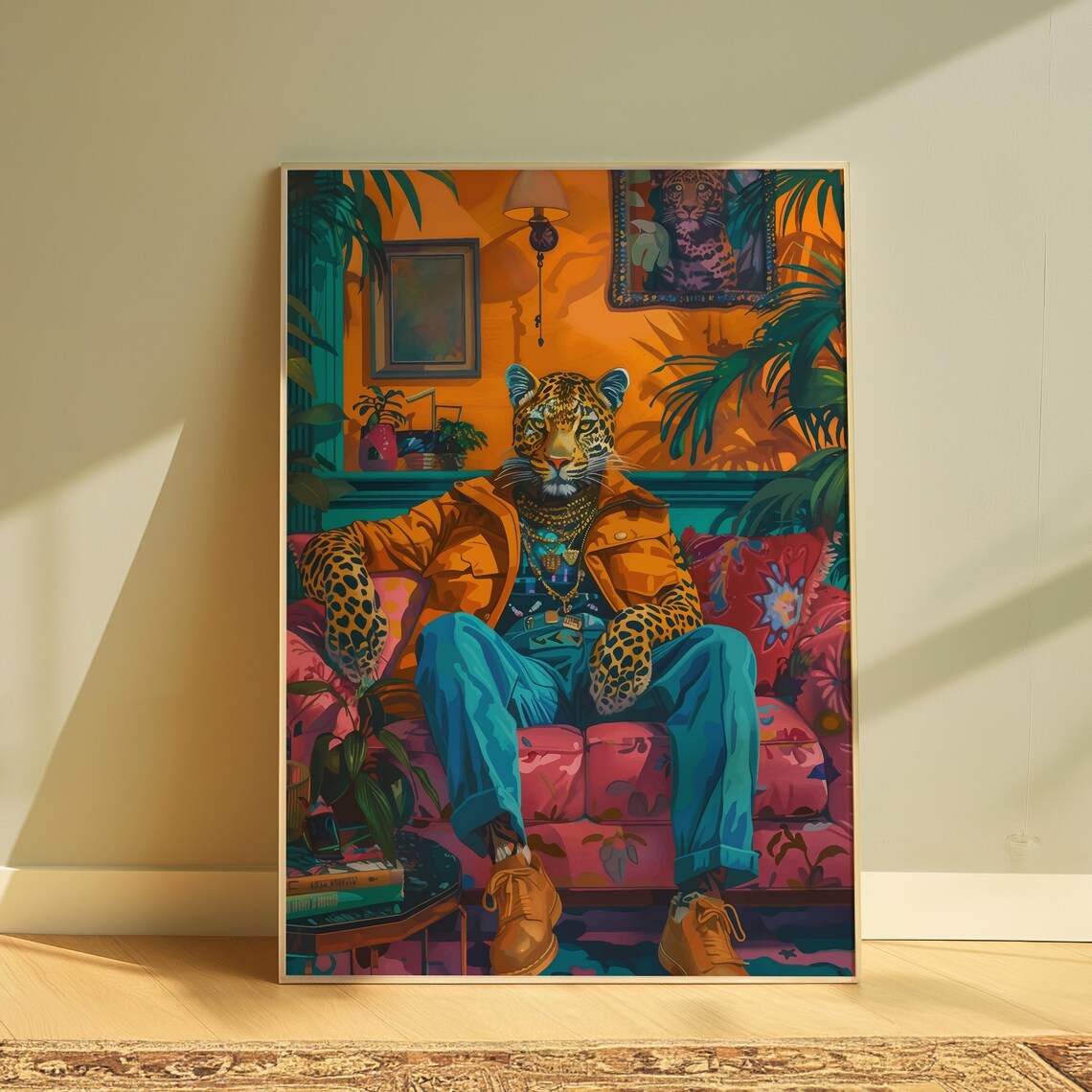 Leopard in Jacket and Jeans Lounging Tropical Room Eclectic Poster - Image 2