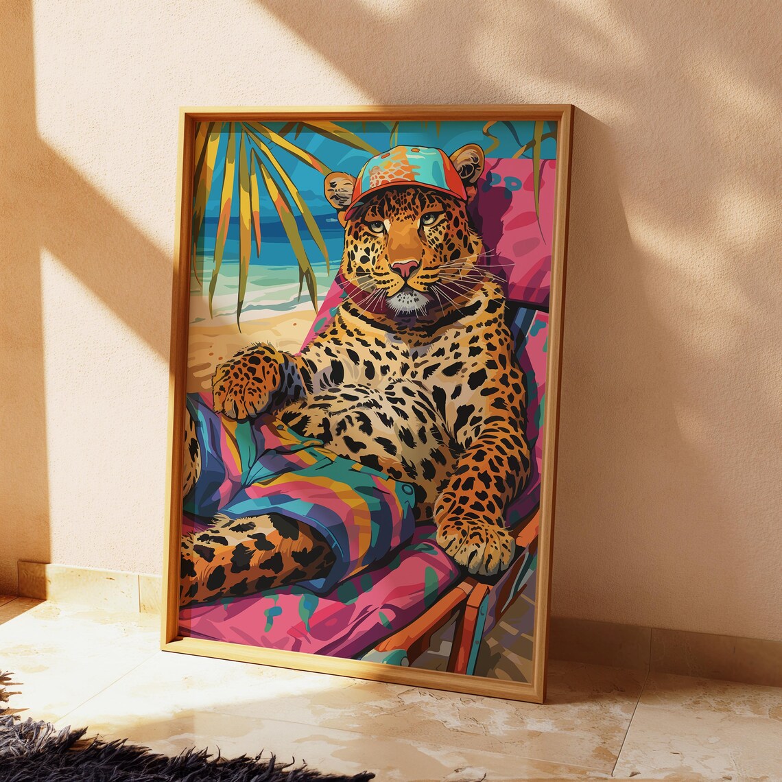 Leopard in Cap and Swim Shorts Beach Chair Tropical Funky Poster - Image 2