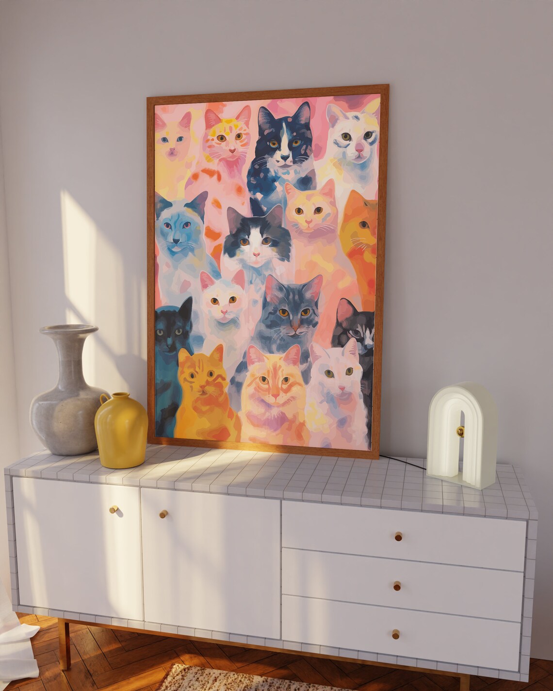 Colorful Watercolor Crowd of Cat Faces in Pastel Hues Poster - Image 4