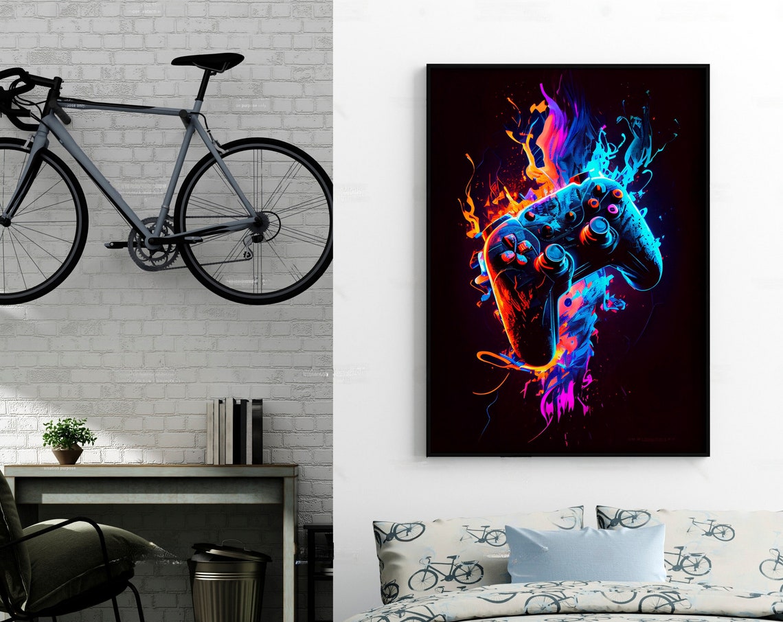 Neon Flaming Game Controller Poster Colorful Gaming Room Art