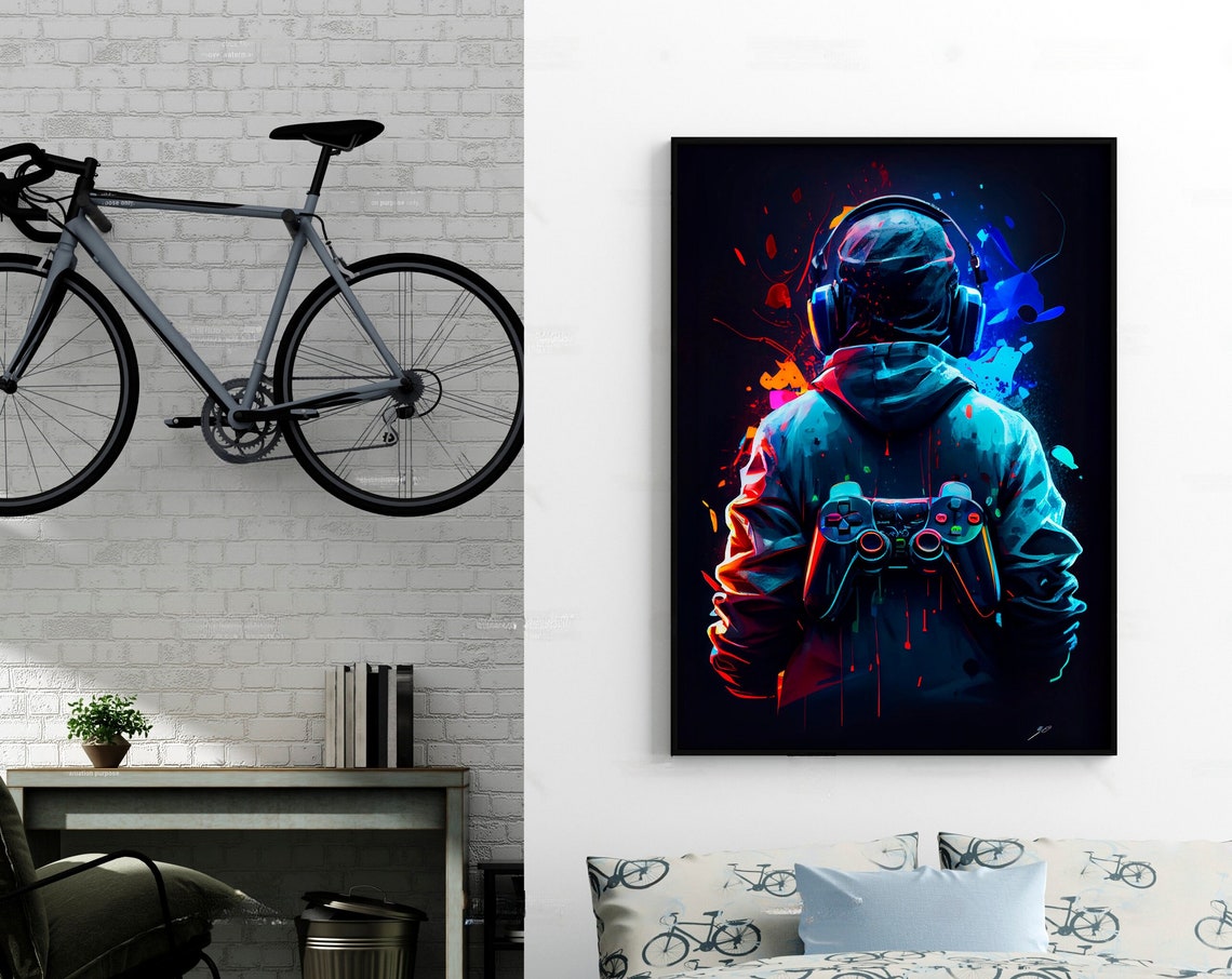 Hooded Gamer with Headphones and Controller Neon Art Poster Decor