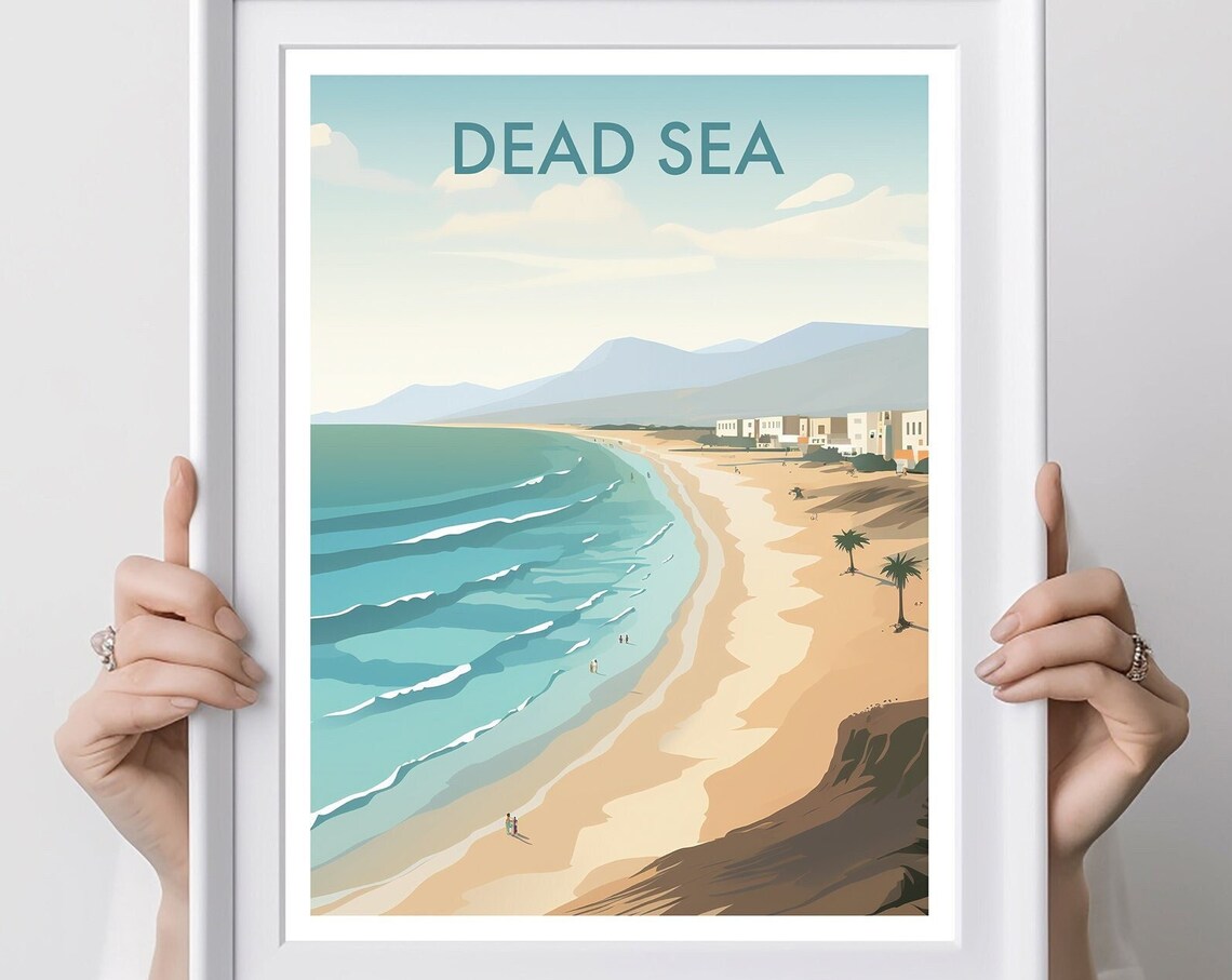 Dead Sea Shoreline Turquoise Beach Palm Trees Waves Travel Poster