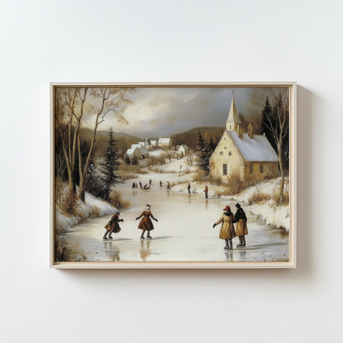 Vintage Winter Ice Skating Cityscape, Holiday Art Print - Image 3