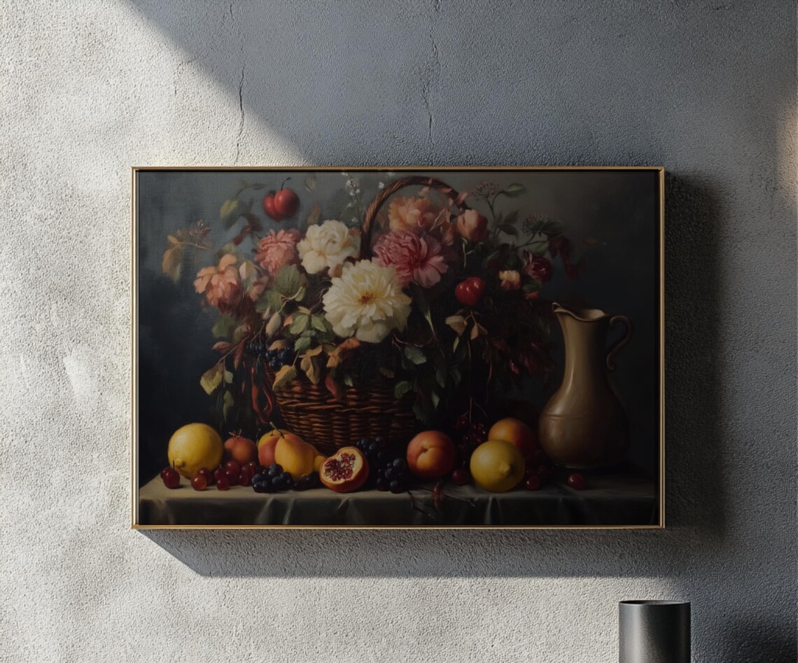 Vintage Still Life Floral Fruit Basket Art Print - Image 2