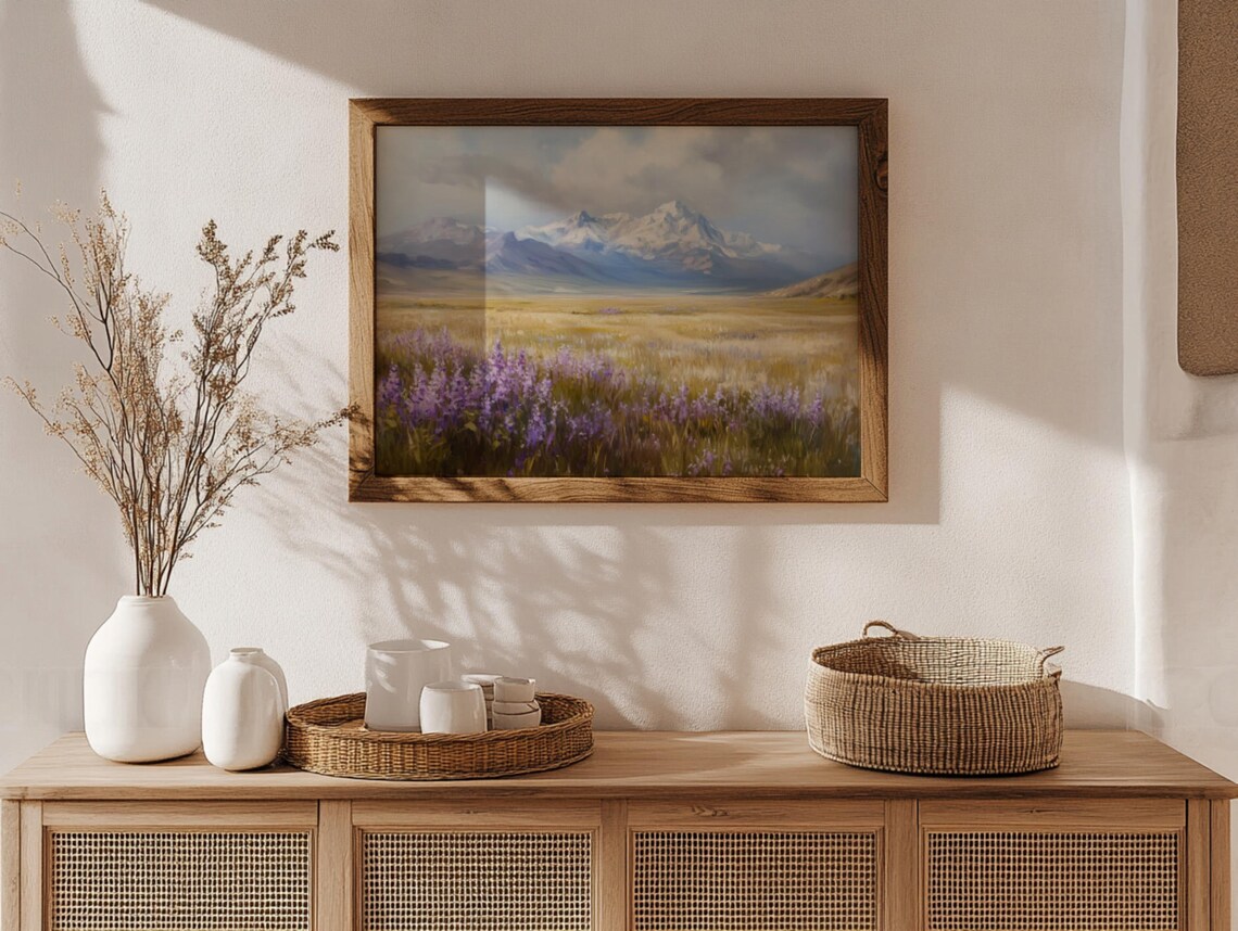 Lavender Wildflower Meadow Snow Mountains Golden Field Poster - Image 2