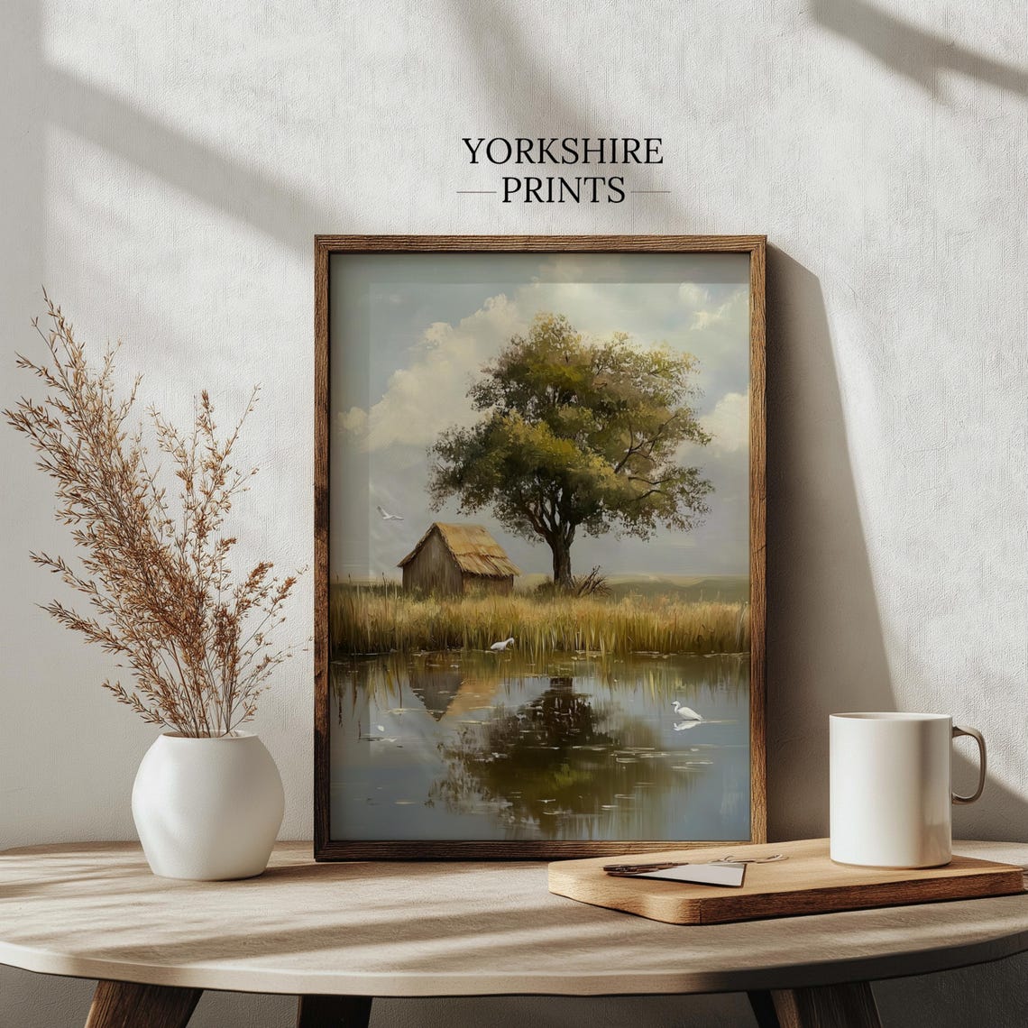 Thatched Lakeside Hut Egrets Calm Water Summer Landscape Wall Poster - Image 3