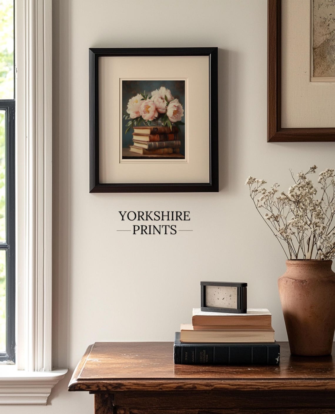 Pink Peonies Antique Books Dark Academia Floral Still Life Poster - Image 3