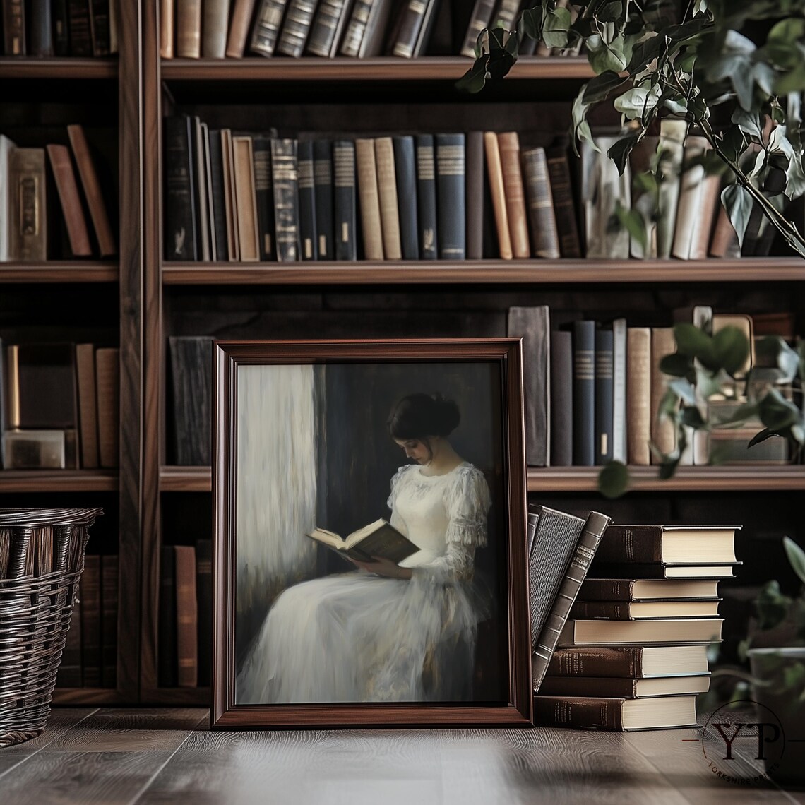 Antique Woman Reading Book Moody Portrait Vintage Lady Oil Painting Wall Art Print - Image 3