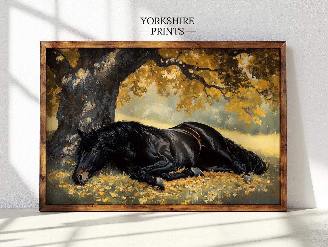 Black Stallion Under Autumn Tree, Rustic Horse Art Print - Image 2