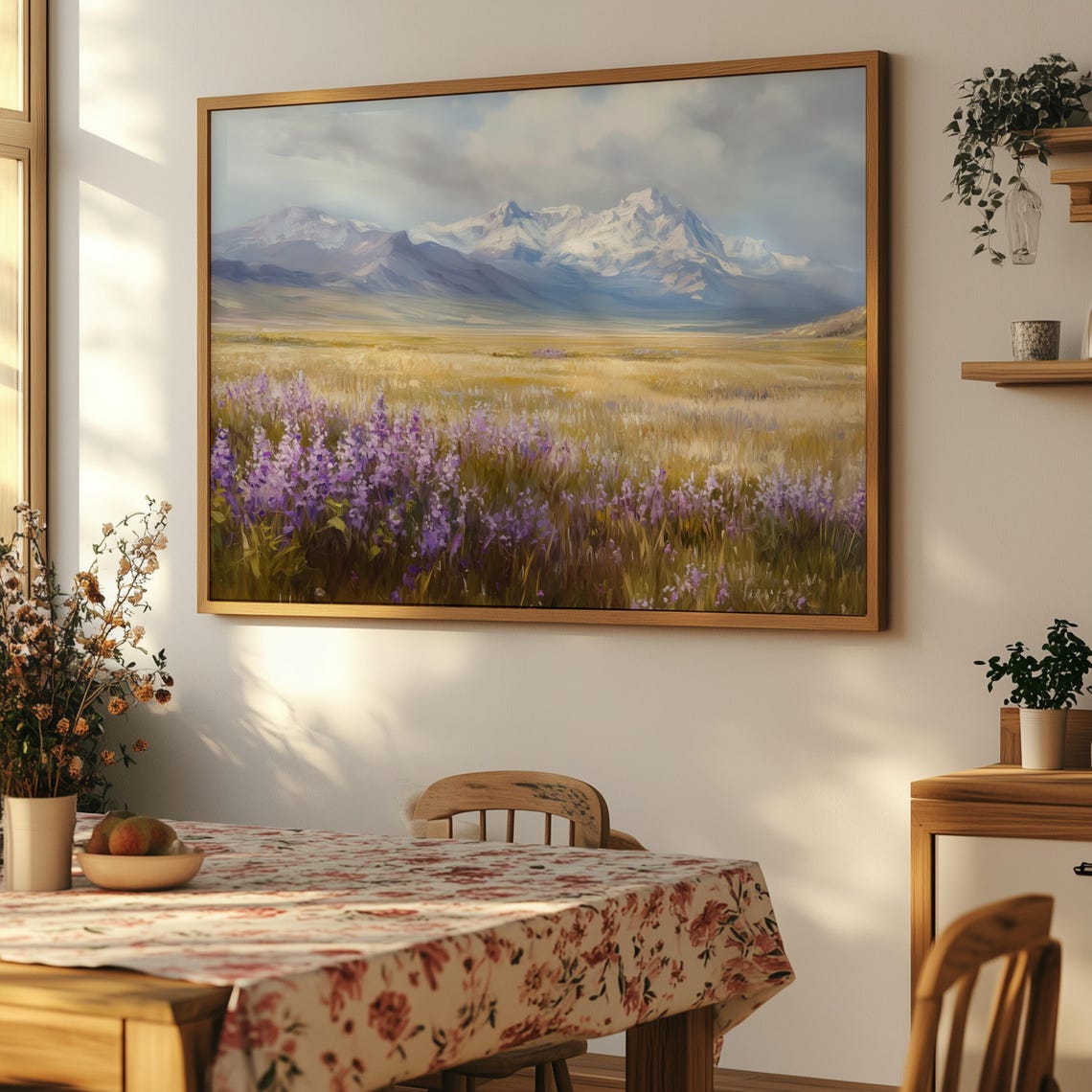 Lavender Wildflower Meadow Snow Mountains Golden Field Poster - Image 3