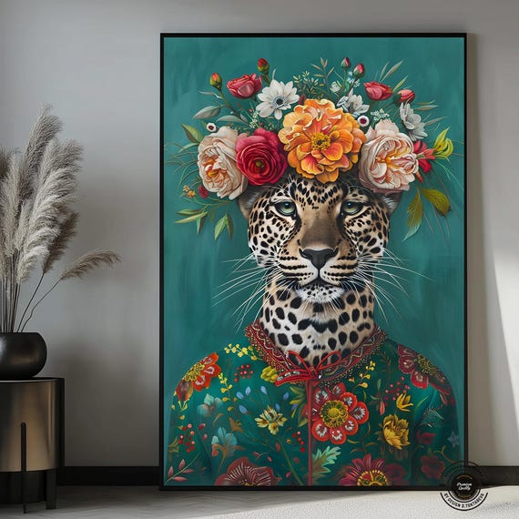 Leopard Portrait Print Eclectic Poster Colorful Flowery Canvas Animal Human Body Wall Art Lover Gift
