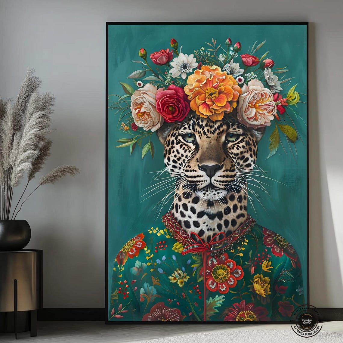 Leopard with Floral Crown in Ornate Robe on Teal Background Poster