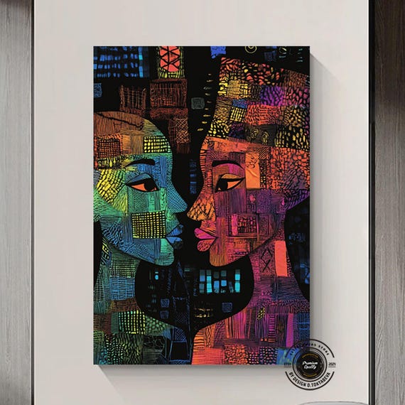 African Wall Symbols Culture Home Decorabstract Artwork Of Man And Woman In Vibrant Colors Geometric Patterns