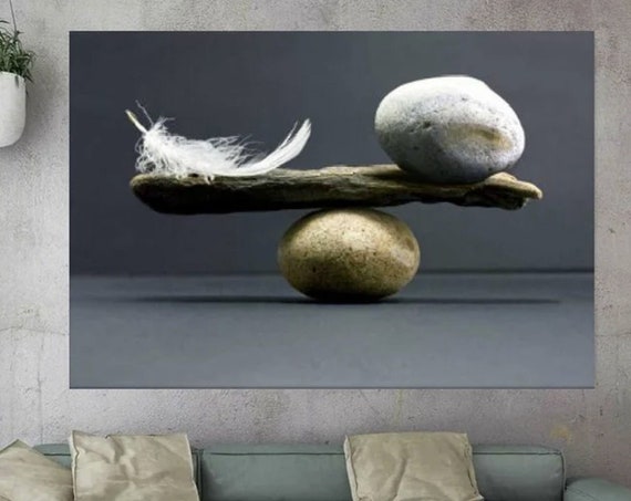 Feather And Stone Wall Art Balance Abstract Zen Inspired Decor Meditation Canvas Print