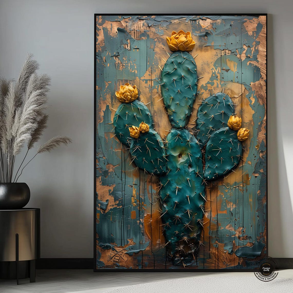 Prickly Pear Cactus with Golden Blooms Teal and Copper Art Poster