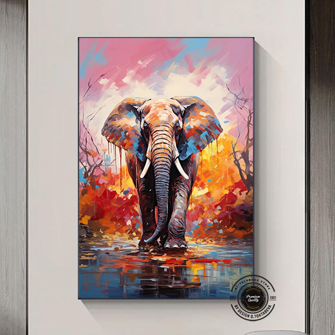 Majestic Elephant Walking Water Reflection Wildlife Art Poster