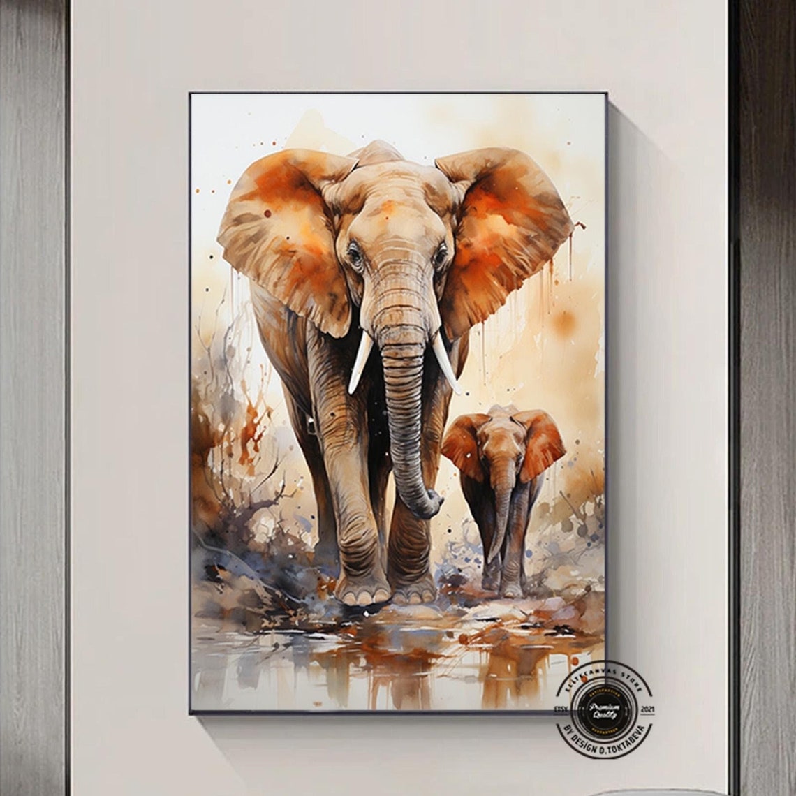 Elephant Mother Calf Watercolor Tender Wildlife Family Poster