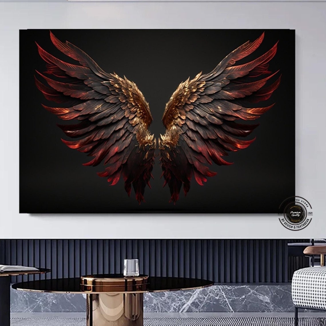 Dramatic Black and Red Angel Wings Spread on Dark Background Poster