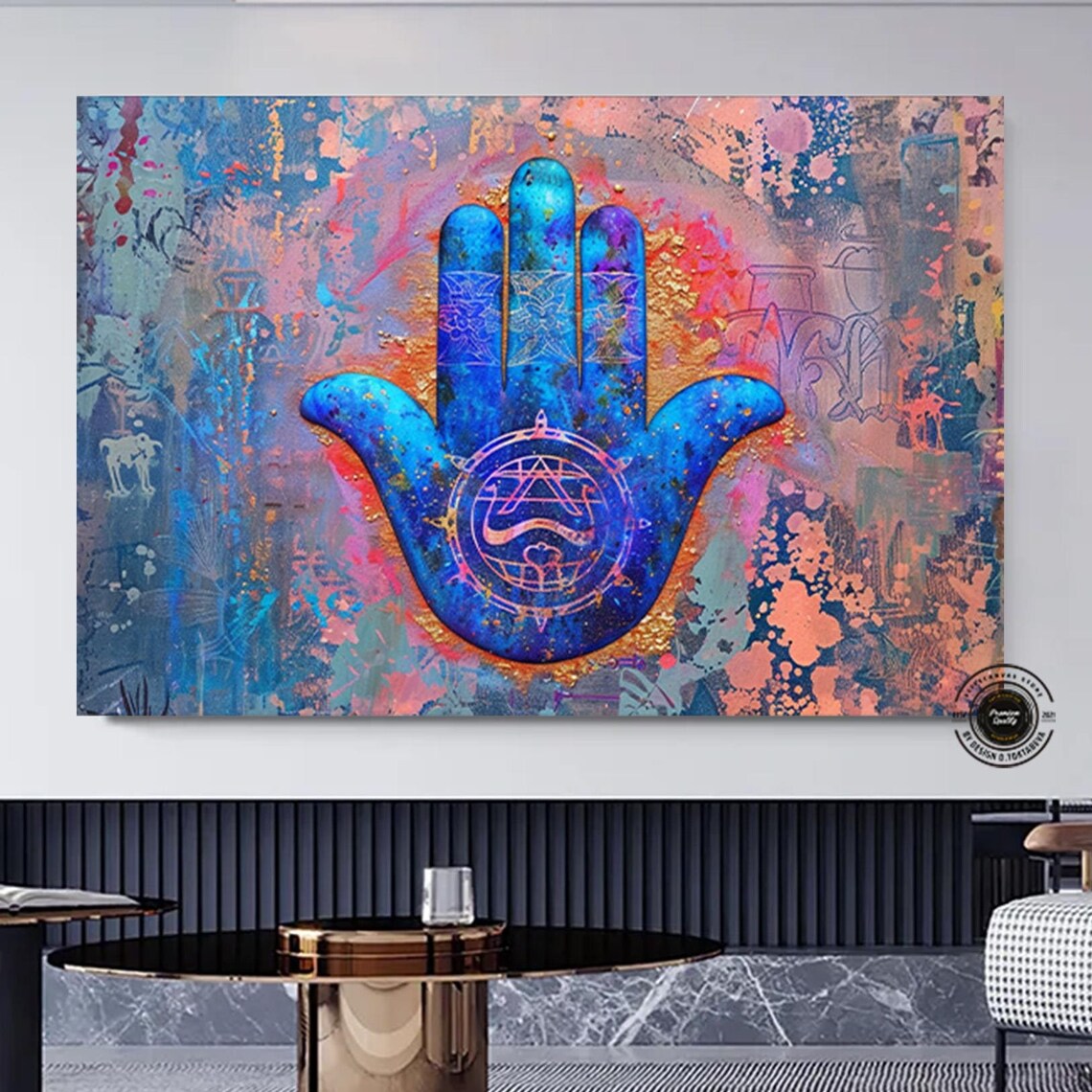Blue Hamsa Hand Spiritual Protection Sacred Boho Abstract Poster