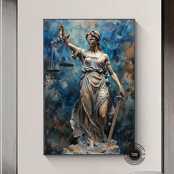 Lady Justice Bronze Statue Scales Sword Blue Marble Art Poster