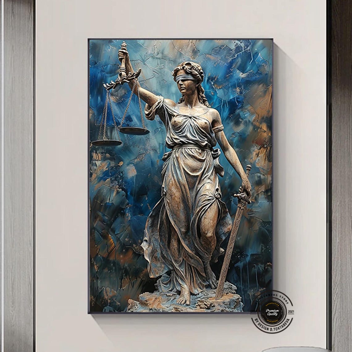 Lady Justice Bronze Statue Scales Sword Blue Marble Art Poster