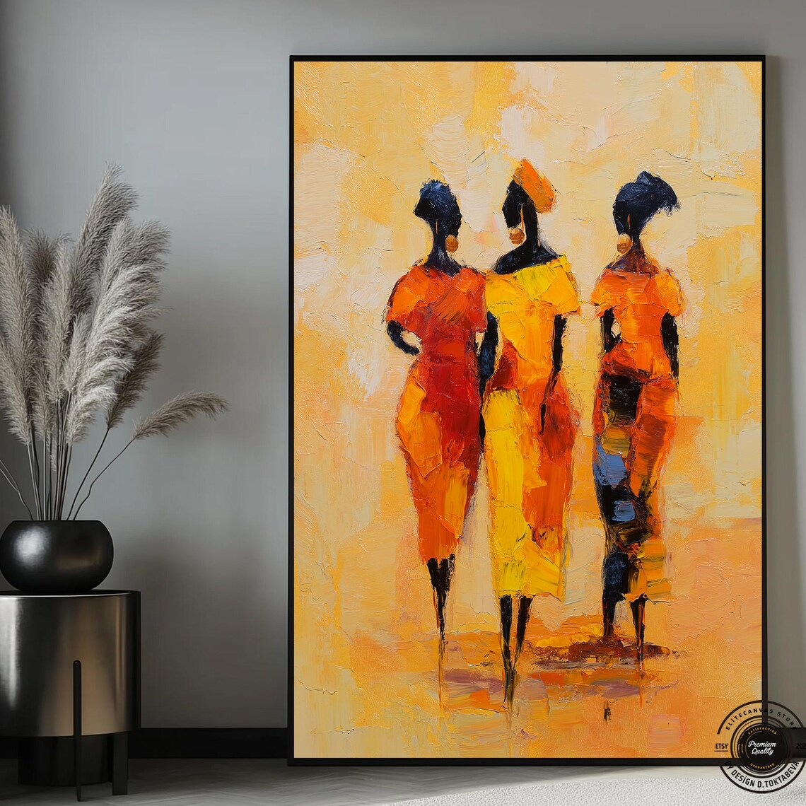 African Women Orange Dresses Golden Impasto Oil Painting Poster