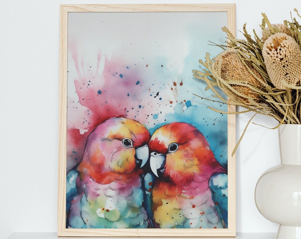 Watercolor Lovebirds Pair Parrots Romantic Bird Painting Love Poster
