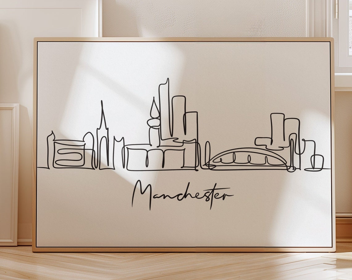 Manchester England City Skyline Black Line Art Minimalist Poster