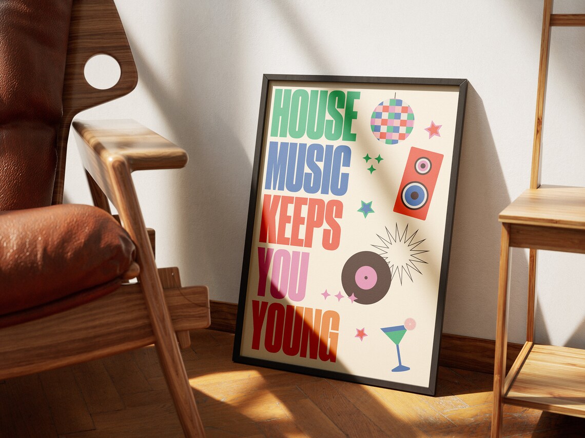 House Music Keeps You Young Colorful Retro Rave Party Poster - Image 2