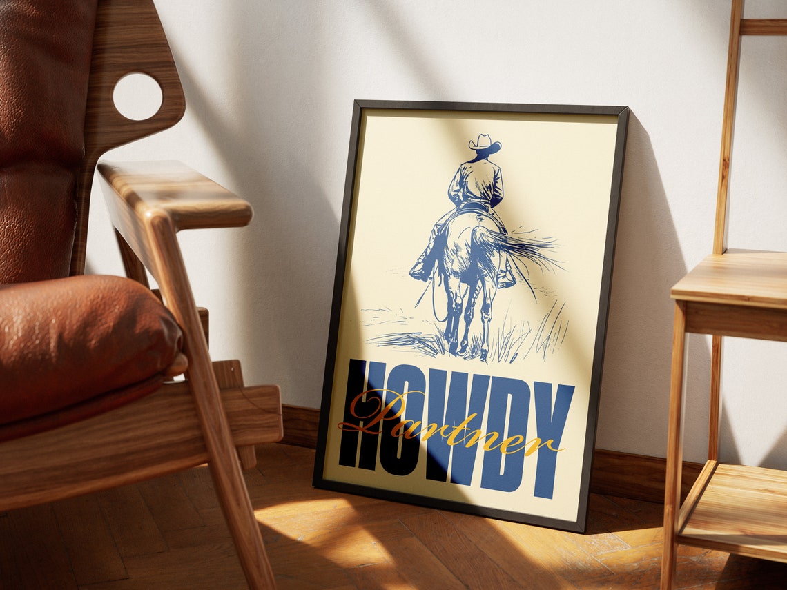 Howdy Partner Blue Cowboy Horseback Retro Western Decor Poster - Image 3