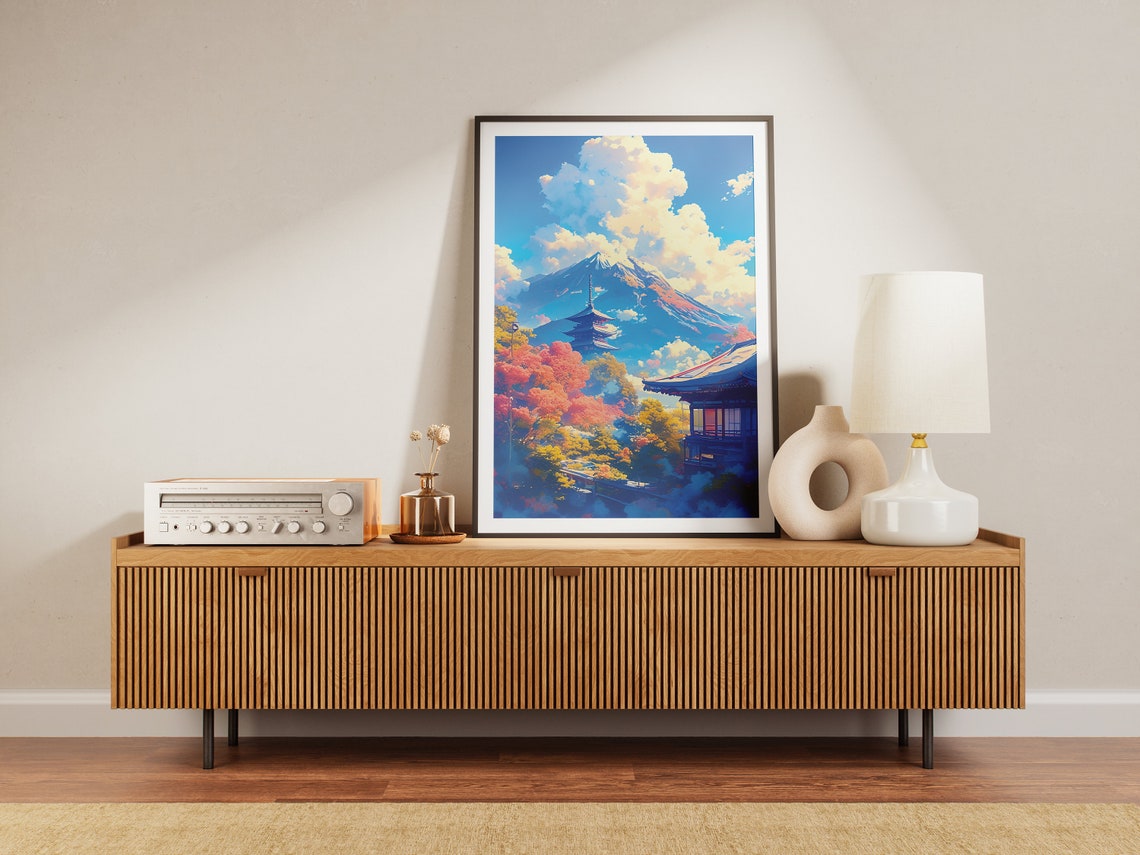 Dreamy Anime Mount Fuji Pagoda Autumn Landscape Japan Art Poster - Image 3