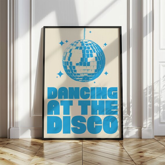 Dancing At The Disco Poster Blue Disco Ball Retro Typography