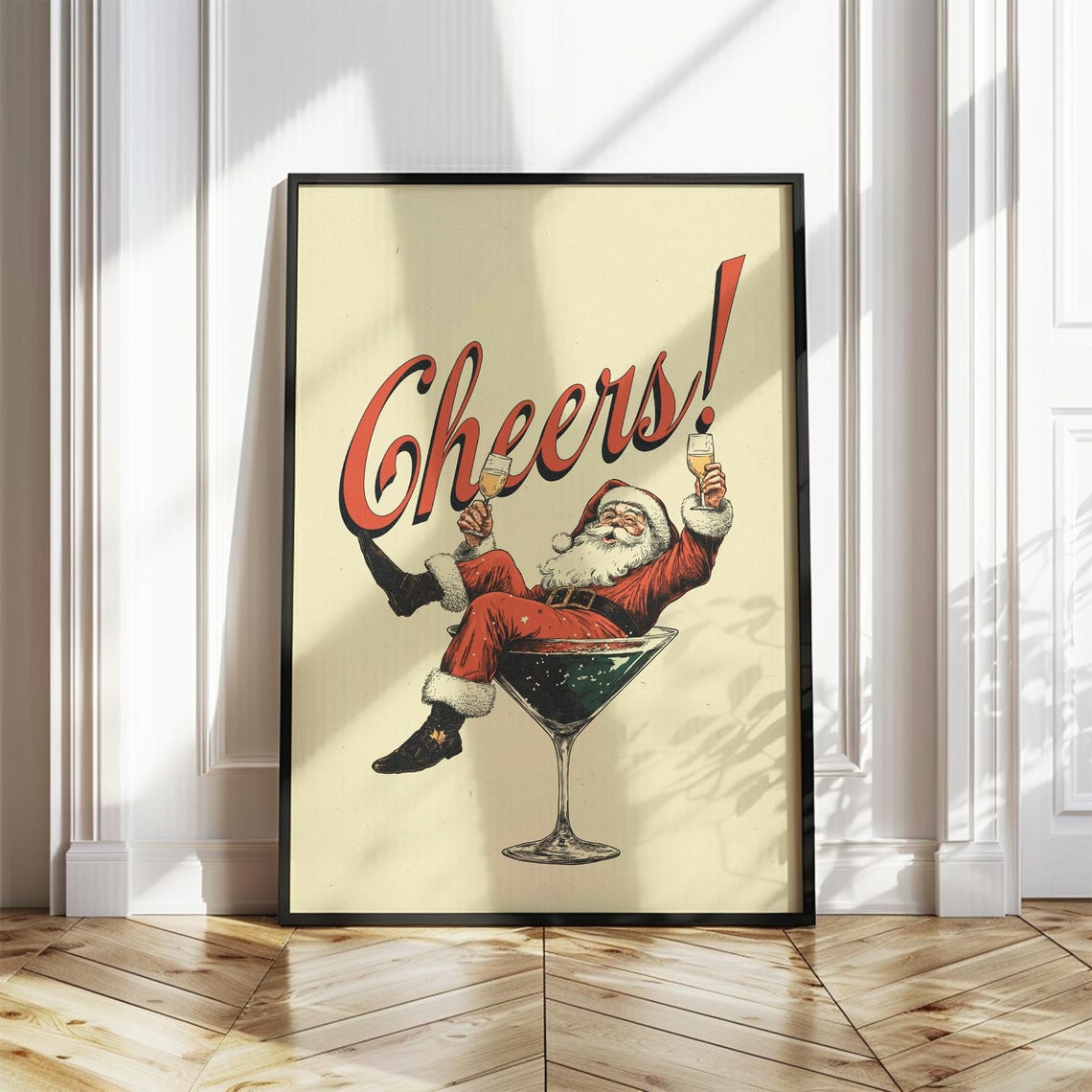 Santa Cheers Martini Christmas Retro Holiday Bar Decor Poster