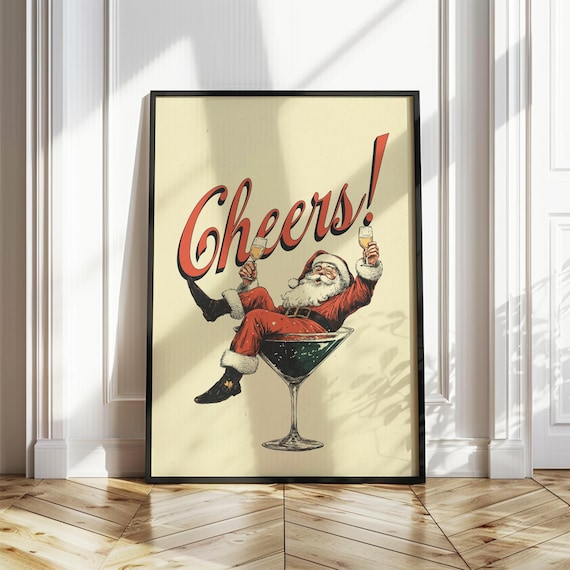 Santa Cheers Martini Christmas Retro Holiday Bar Decor Poster