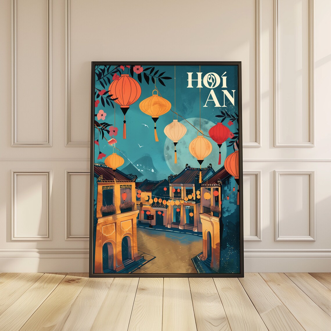 Hoi An Vietnam Lantern Festival Night Street Vintage Travel Poster