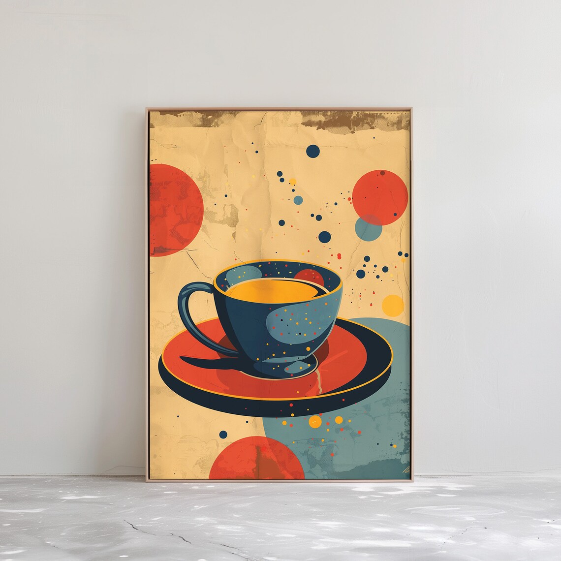 Abstract Navy Blue Coffee Cup on Red Saucer Bauhaus Style Poster