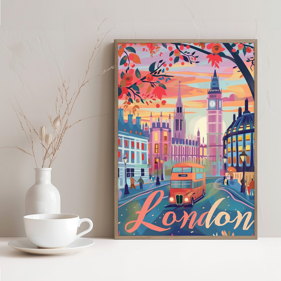 Vintage London Red Bus Big Ben Autumn Street Travel Art Poster - Image 2