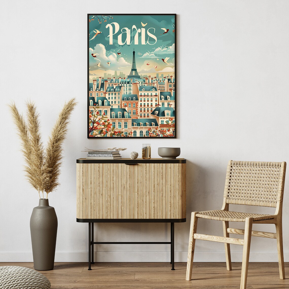 Paris France Eiffel Tower Rooftops Birds Vintage Day Travel Poster - Image 2