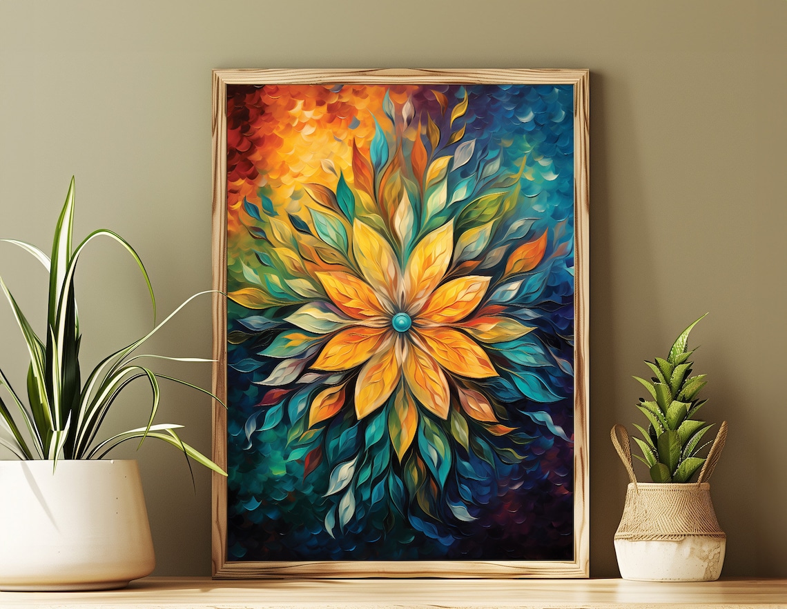 Golden Floral Mandala Abstract Oil Painting Vibrant Colorful Poster