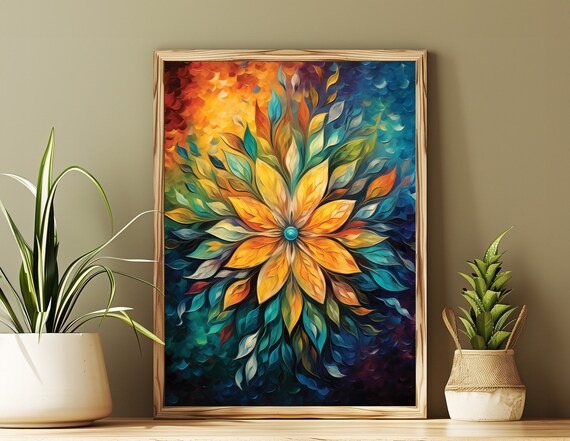 Golden Floral Mandala Abstract Oil Painting Vibrant Colorful Poster