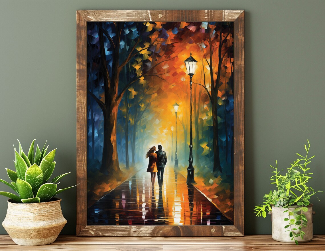 Romantic Couple Autumn Rainy Night Street Impressionist Oil Poster