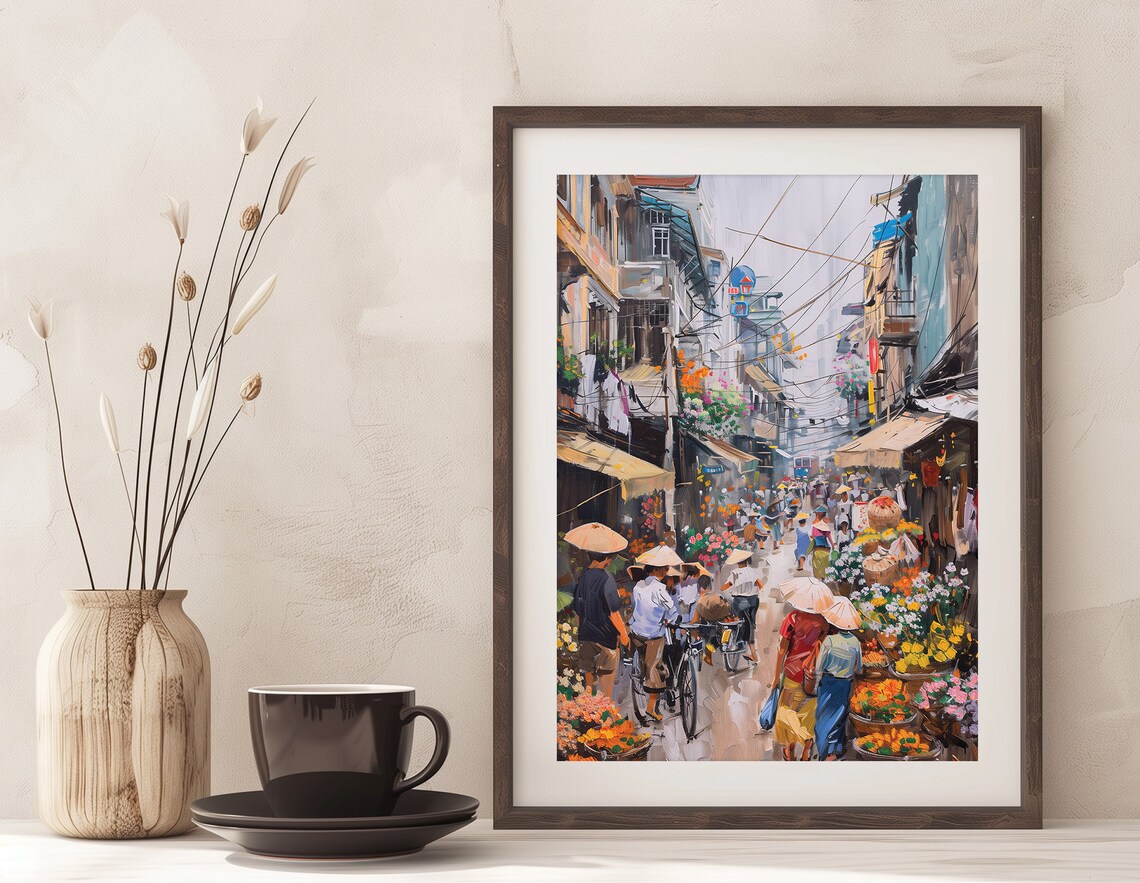 Vietnamese Street Flower Market Asian Watercolor Painting Poster